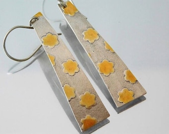 Flower Printed Sterling Silver Dangle Earrings With 24kt Gold Accents