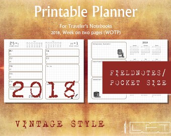 FN 2018 WOTP, Vintage Style, Week on two pages printable diary insert for Traveler's Notebook