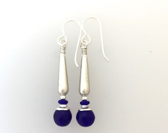 Cobalt Glass And Sterling Silver Earrings (med)