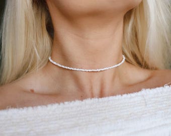 Coconut White Glass Beaded Choker Necklace / Beach Jewelry /