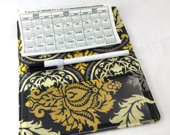 Grey Duplicate Checkbook Cover Register - Gold Duplicate Checkbook Reigster - Fabric Checkbook Cover - Joel Dewberry Damask in Granite