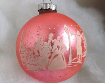 Vintage large Shiny Brite Christmas pink stencil ornament Victorian carolers snow covered village scene