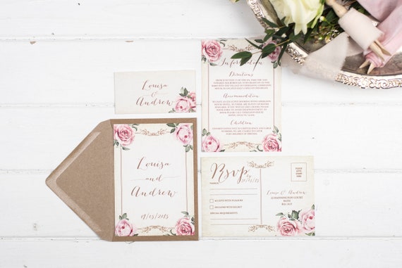 Vintage Wedding Invitation Set - A6 Ivory Floral Framed