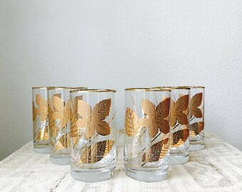 Vintage Mid Century Gold Leaf Libbey Highball Glasses, Set of 6