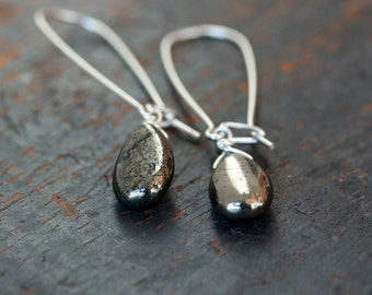 Pyrite Earrings, Golden Pyrite Drop Earrings, Sterling Silver Fool's Gold, Metallic Shine, Gemstone Dangle Earrings, Handmade Jewelry