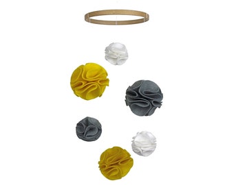 Pom Pom Baby Mobile, Yellow Crib Mobile, Yellow Gray Nursery, Grey White