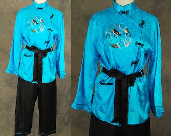 vintage 50s Asian Pajamas - Dragon Embroidered Shirt and Pants 1950s Lounge Wear Pajama Set Sz M L