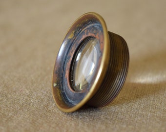 Binocular Lens Vintage Salvaged Eyepiece Old Magnifying Lens, Loupe Threaded Brass Case Assemblage or Steampunk Project Supplies. Peep Hole.