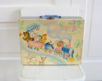 Vintage Child Suitcase, Child Case, Pink Blue Suitcase, Animal Suitcase, Margaret Holbrook, TrainCase, Doll Case, Child Train Case, Animal