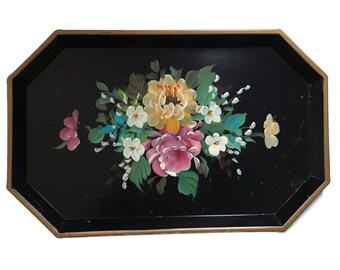 Vintage Tole Tray Hand Painted Metal Serving Tray with a Floral Design Toleware Black Pink Yellow Rectangular Shabby Chic