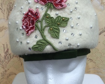 1960s Don Anderson Beaded Floral Wool Hat