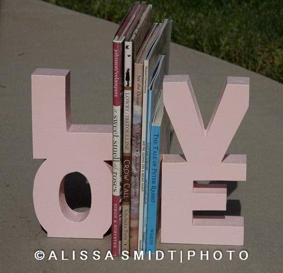 LOVE Wooden Bookends wood bookends pink pale pink light