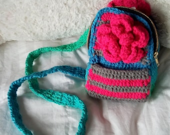 Blau & Rosa Mini-Rucksack ~ mit rosa Rose Blüte