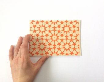linocut - ZELLIGE // 5x7 art print // printmaking // block print // tessellation // Islamic geometric // orange // small // stars