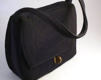 vintage 40s handbag - 1940s corde handbag - 40s navy corde purse - evening bag