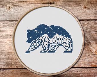 Bear Cross Stitch Pattern, Bear, keeper of the night cross stitch pattern, modern cross stitch, mountains cross stitch,gift for rangers #001