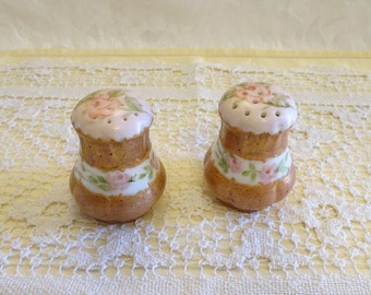Vintage Hand Painted Porcelain Pink Rose Salt and Pepper Shakers with Coppery Colored Banding