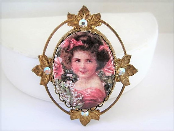 Victorian Revival Portrait Brooch, Porcelain Pin, Girl Face, Rhinestone Surround, Statement Brooch, 60's Large Rhinestone Center