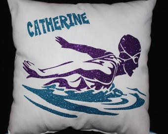 PERSONALIZED Swim PILLOW Printed entirely in non flaking glitter with your choice of 2 colors Great gift for swim team