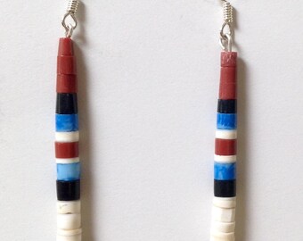 Native American Santo Domingo Turquoise Jet Lapis Pipestone Shell Sterling Earrings - Delbert Crespin
