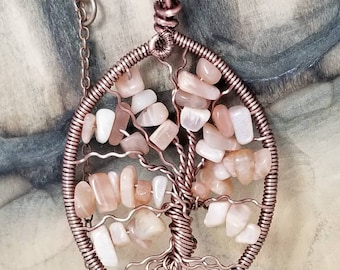 Antique copper Parawire Tree of Life with Genuine Sunstone gemstone chips.