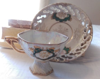 Green Antique Royal Sealy china tea cup and saucer, Japanese tea cup, gold iridescent tea cup, porcelain tea cup, lustreware tea cup,