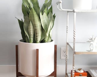 Large Mid-Century Modern Planter with solid Wood Plant Stand - 12" Ceramic Pot