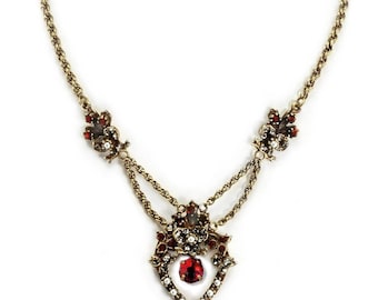 Red Crystal Victorian Heart Necklace, Vintage Bridal Necklace, Wedding Necklace, Bridal Jewelry, Red Jewelry, Victorian Jewelry, Pearls N958