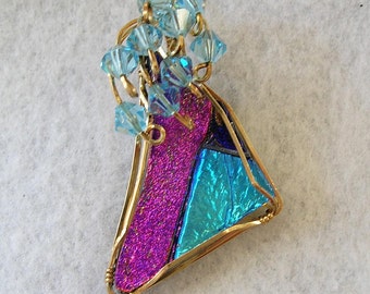 Wire Pendant - Dichroic Glass Wirewrapped Pendant with Swarovski Crystals - Pink and Blue - Colorful Pendant - One of a Kind - Great Gift