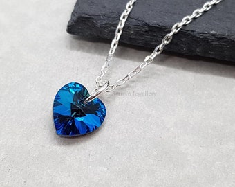 Bermuda Blue Crystal Heart Necklace, Swarovski Crystal Heart, Gift For Bridesmaid, Solid Silver Chain, Gift For Her, Mothers Day Gift