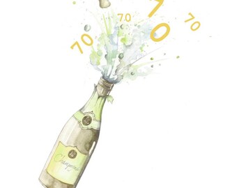 Happy 70th Birthday Champagne Embellished Card taken from an Original Watercolour / Notelets / Birthday Cards / Blank Cards