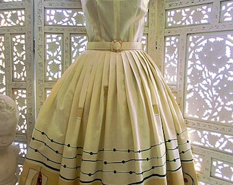 50s style novelty border print Mid Century cotton full skirt dress with wing collar is newly made from early 1960's fabric & dress pattern.