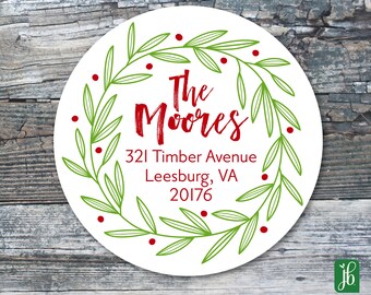 round christmas return address stickers red green laurel