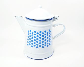 SALE Enamelware COFFEE POT Blue and White Polka Dot - Enamelware Coffee Pot - Kitchen Collectible - Blue and White