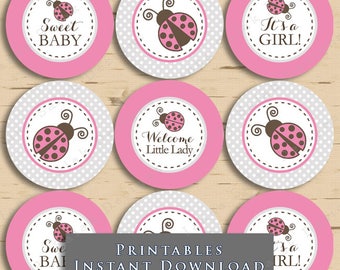 Ladybug Baby Shower Cupcake Toppers Printable Tags Pink and Grey Polka Dot DIY Printable INSTANT DOWNLOAD LB03