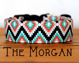 Girly Aztec Inspired Black Turquoise & Coral Geometric Collar Dog Collar "The Morgan"