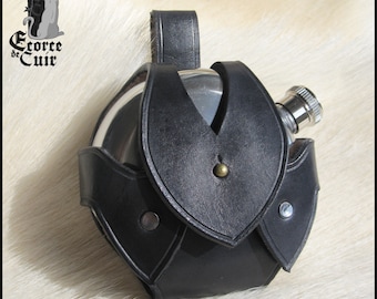 Door flaccid leather - included flange / Black / Black leather flask holder / GN / LARP