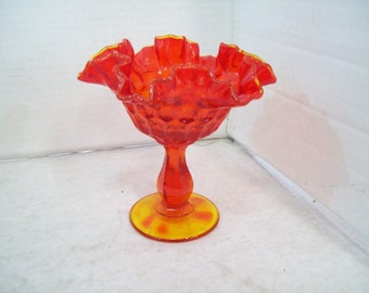 Orange Glass Pedestal Bowl with Scalloped Edges, Home Decor J11