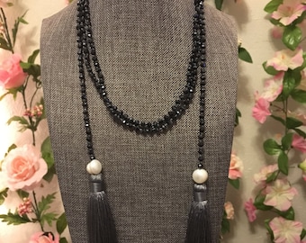 Black beaded tassel long wrap necklace