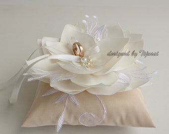 Ring bearer pillow,beige Wedding ring bearer pillow with Lily flower-ring holder, ring pillow-ready to ship