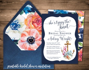 Nautical Bridal Shower Invitation- Printable Bridal Shower Invitations- Navy Bridal Shower- Anchor Invites- She's Tying the Knot- Colorful