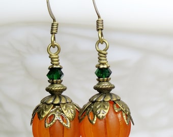 Pumpkin Earrings, Halloween Jewelry, Orange Lucite Bead, Swarorvski Crystal Thanksgiving Earrings, Fall/ Autumn Earrings, Harvest Earrings