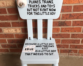 Personalized Toddler Boys Trains Planes Trucks Time Out Chair With working Timer light blue