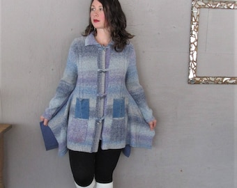 Sale Upcycled Sweater tunic blue Bohemian clothing X Large Wearable Art Lagenlook cardigan reclaimed Boho recycled LillieNoraDryGoods