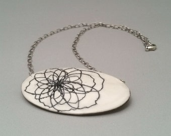 Peony Flower Porcelain Jewelry Pendant Necklace, Ceramic Jewelry, Porcelain Jewelry, Black and White Necklace
