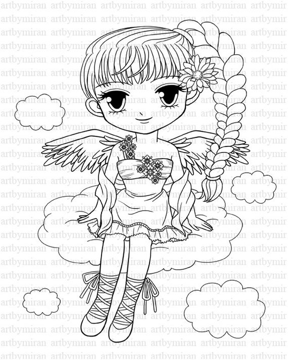 Digi Stamp Pretty Girl Angel Coloring page Big eyed girl