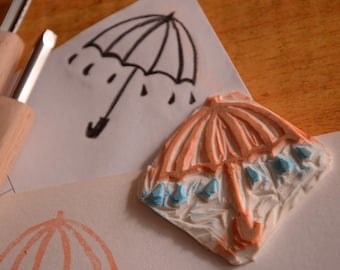 Umbrella- Unmounted Handcarved Rubber Stamp