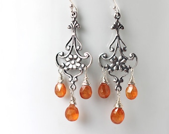 Orange Garnet Chandelier Earrings, Sterling Silver January Birthstone, Gemstone Jewelry