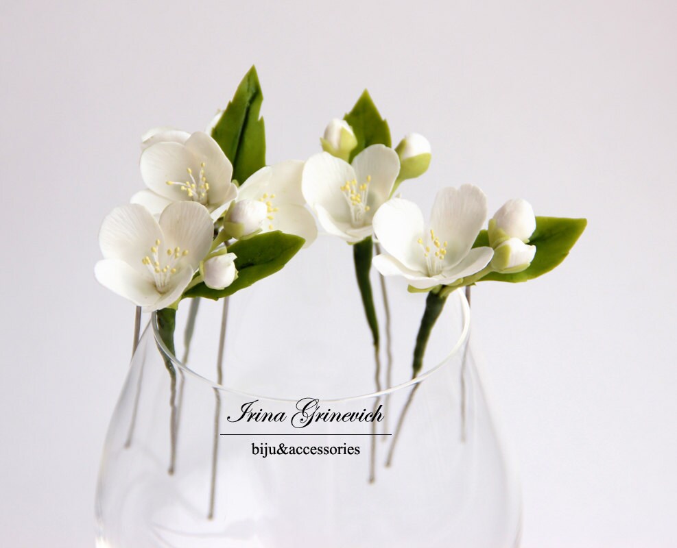 White jasmine flowers Hair Pins SET 4 Wedding Floral White