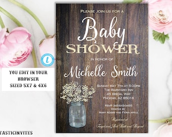 RUSTIC BABY SHOWER Invitation Template, Flower Baby Shower Invitation, Printable, Template,Baby Template, Editable, Instant Download, Rustic
